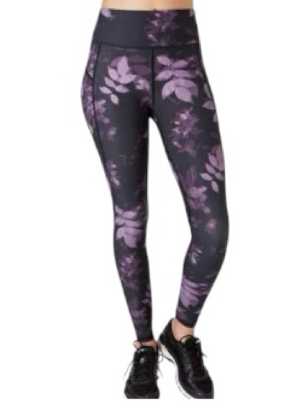 Sweaty Betty- XXS Short- Black Leggings with Purple Floral Print Zero Gravity